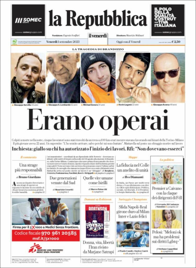 Portada de La Repubblica (Italia)