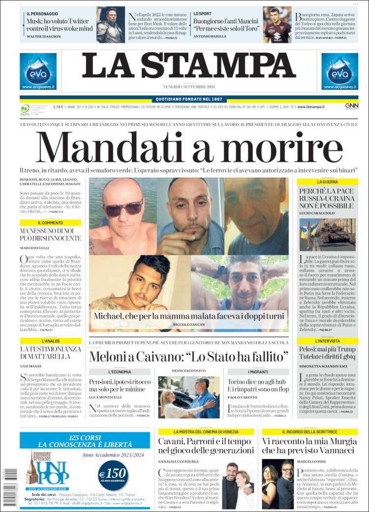 Portada de La Stampa (Italia)