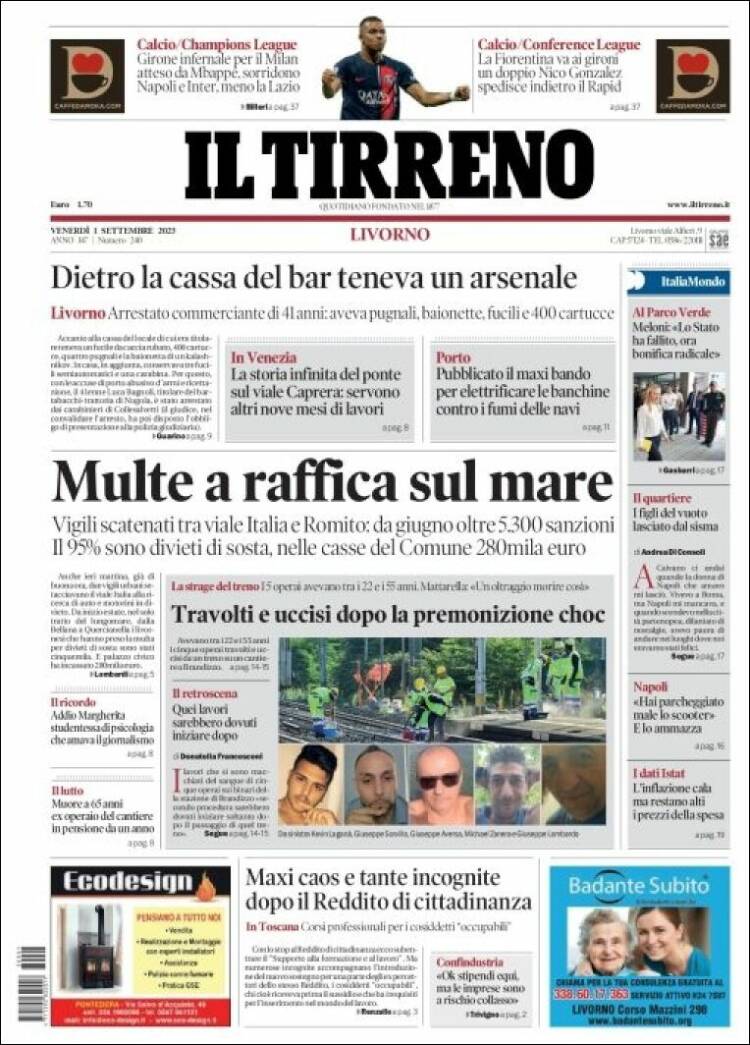 Portada de Il Tirreno (Italia)