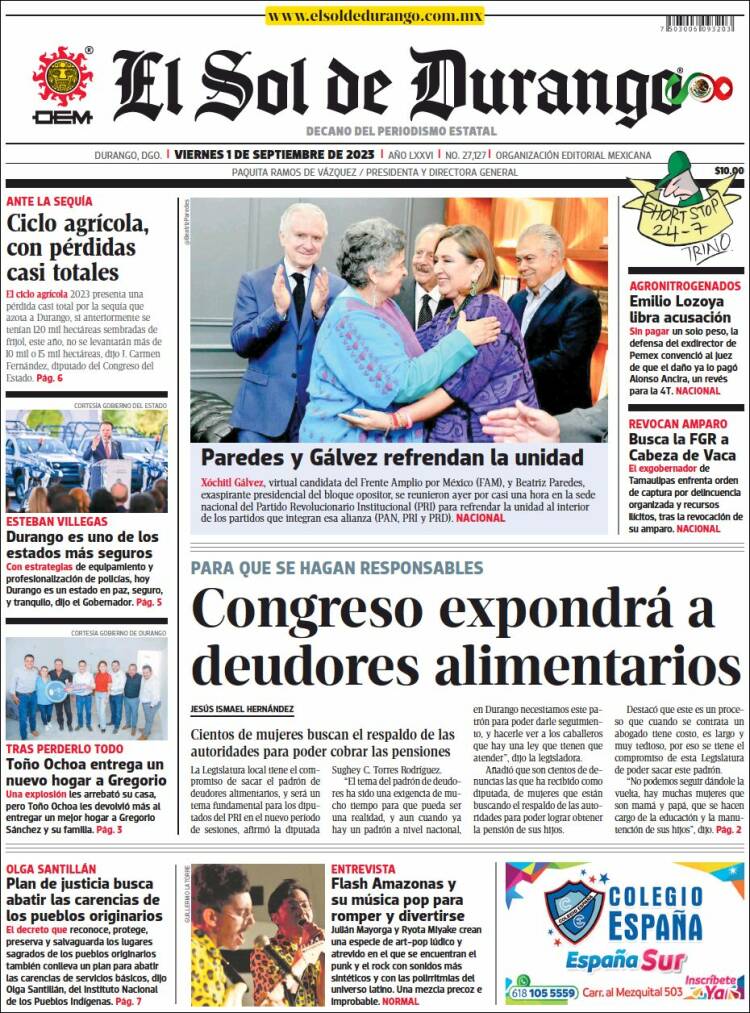 Portada de El Sol de Durango (M&eacute;xico)