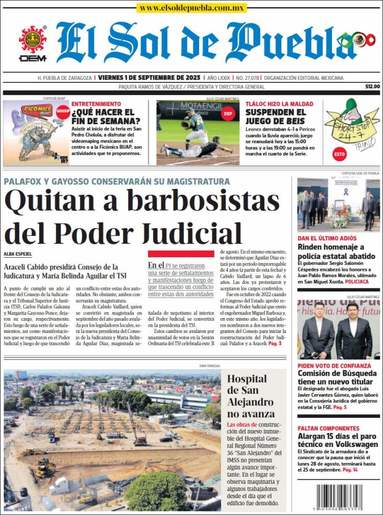 Portada de El Sol de Puebla (M&eacute;xico)