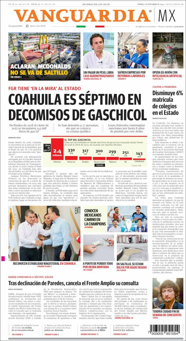 Portada de Vanguardia (M&eacute;xico)