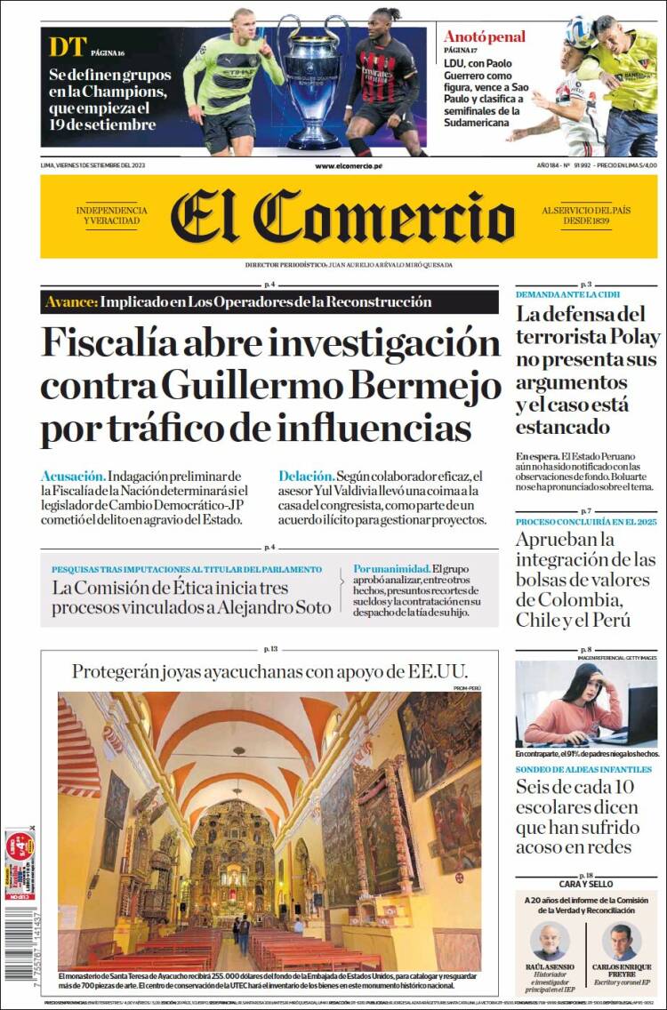 Portada de El Comercio (Per&uacute;)