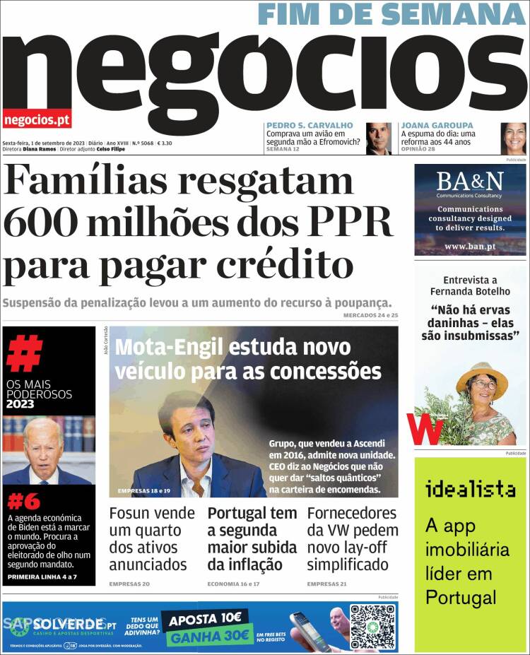 Portada de Jornal de Negócios (Portugal)