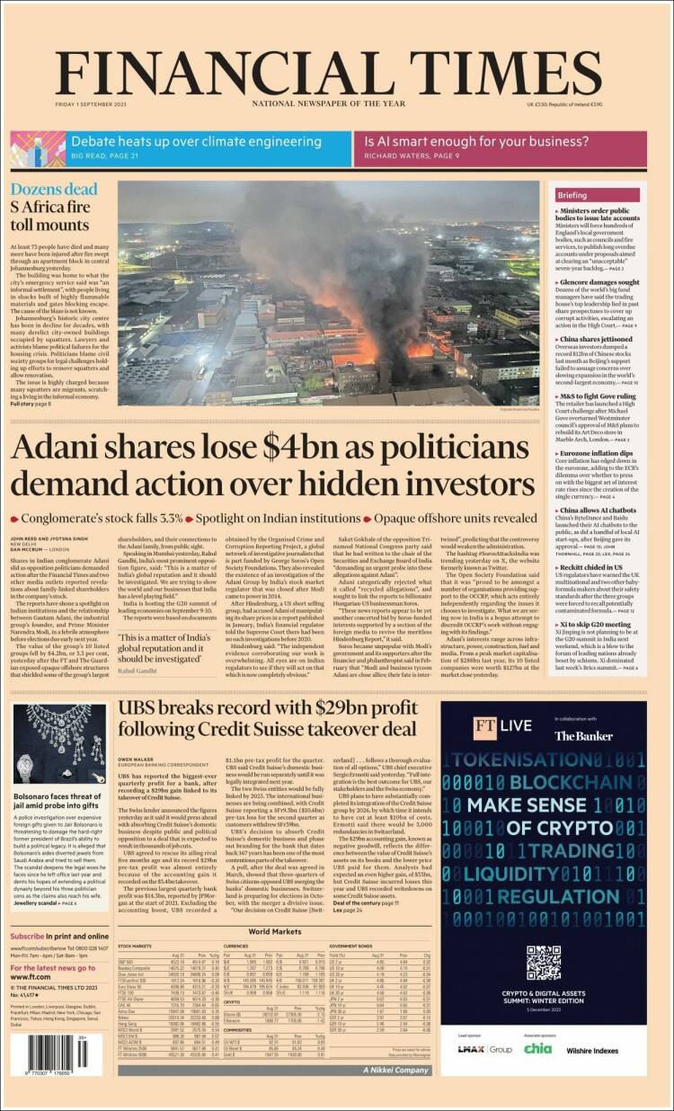 Portada de Financial Times (Reino Unido)