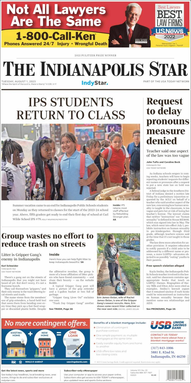 Portada de The Indianapolis Star (USA)