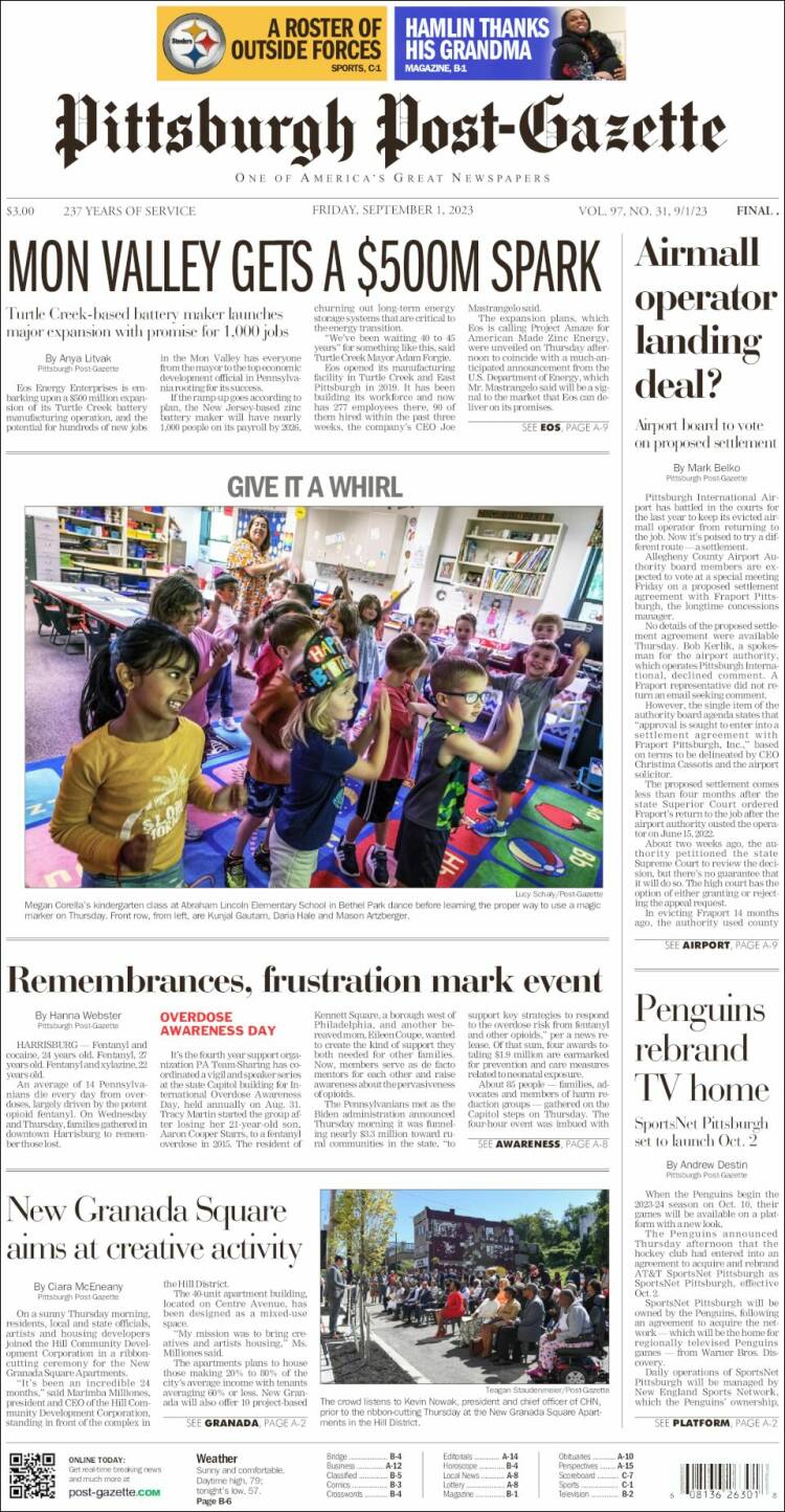 Portada de Pittsburgh Post-Gazette (USA)