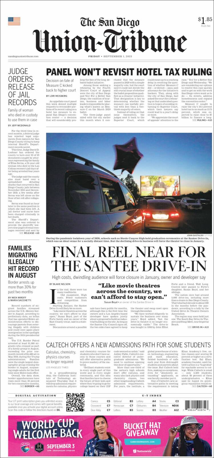 Portada de The San Diego Union-Tribune (USA)