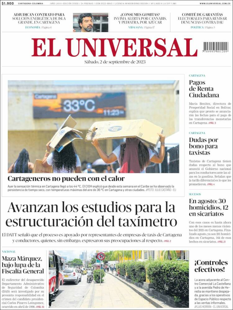 Portada de El Universal (Colombia)