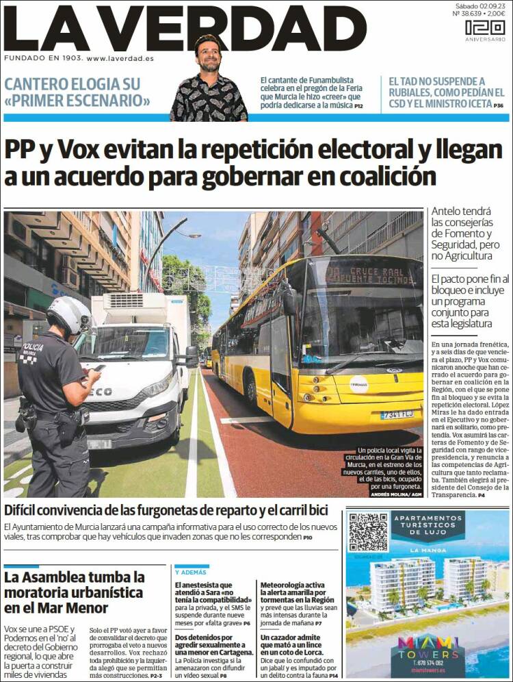Portada de La Verdad de Murcia (España)