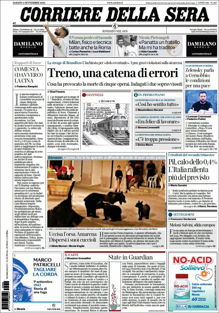 Portada de Corriere della Sera (Italia)