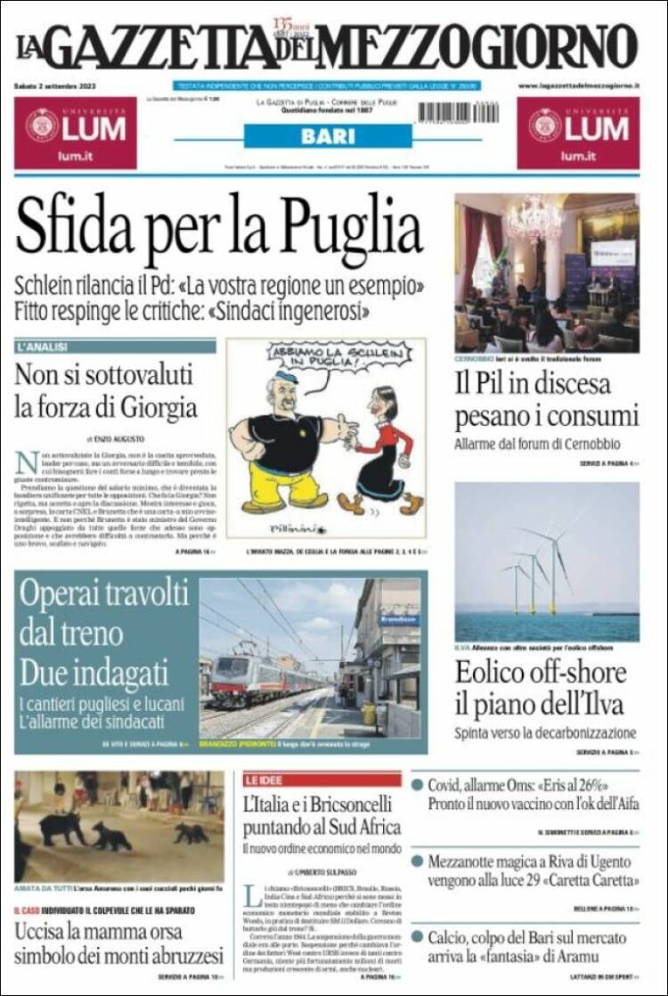 Portada de La Gazzetta del Mezzogiorno (Italia)