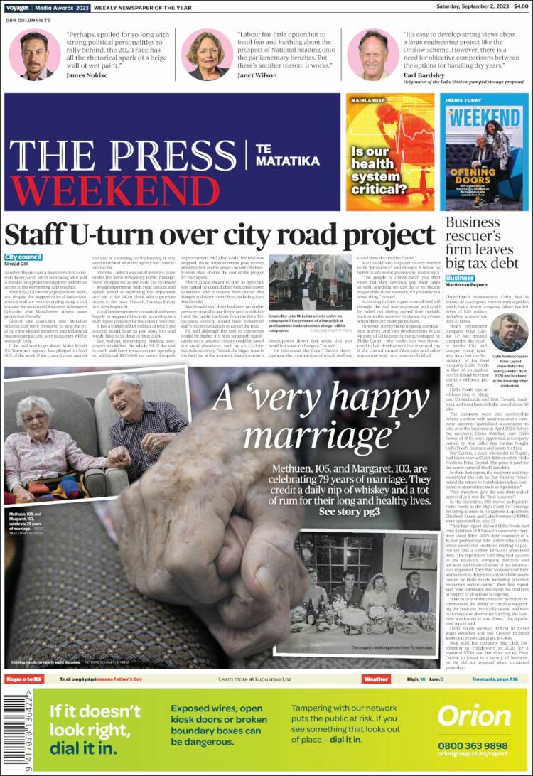 Portada de The Press (Nueva Zelanda)