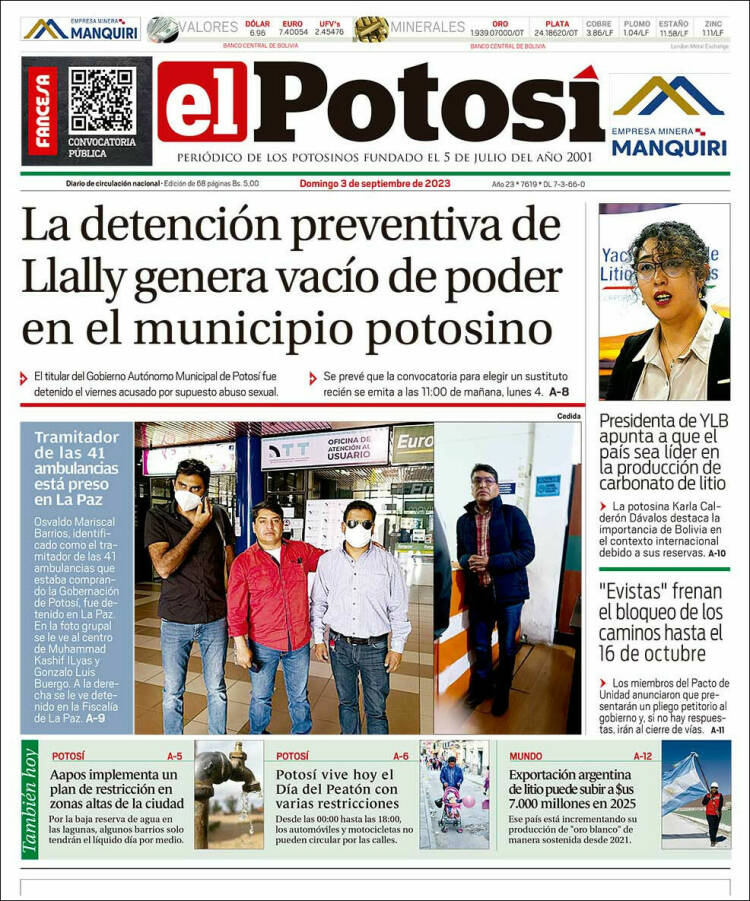 Portada de Diario de Potosí (Bolivia)