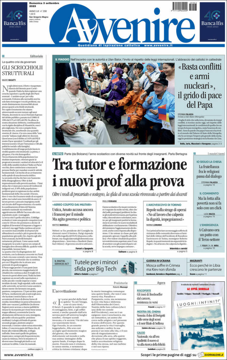 Portada de Avvenire (Italia)