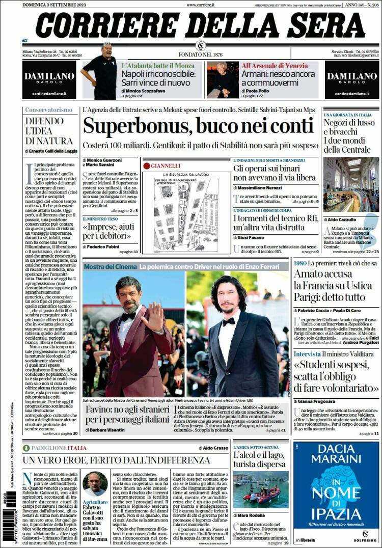 Portada de Corriere della Sera (Italia)