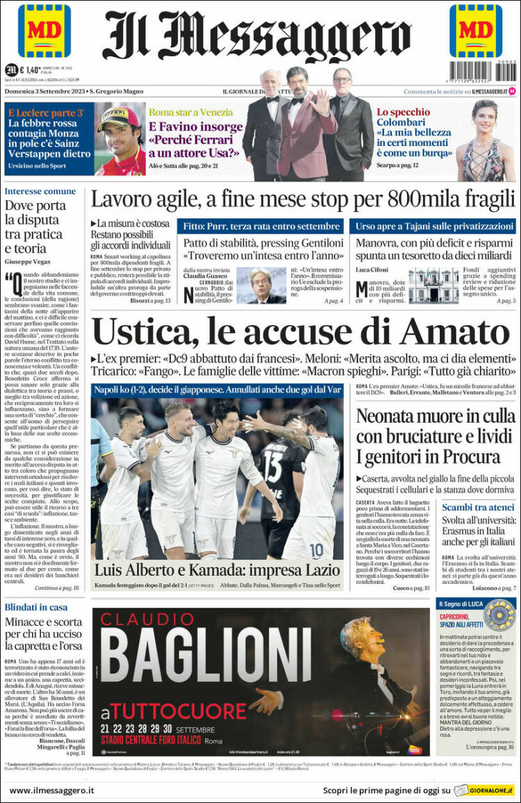 Portada de Il Messaggero (Italia)