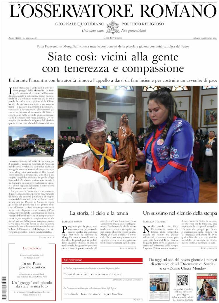 Portada de L'Osservatore Romano (Italia)