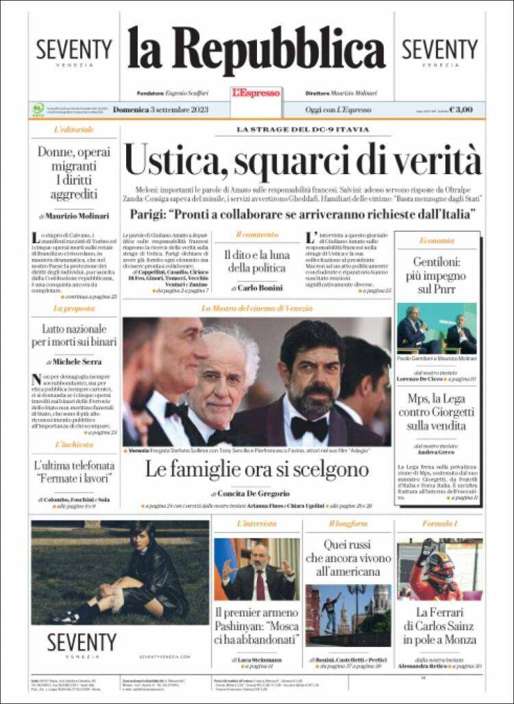 Portada de La Repubblica (Italia)