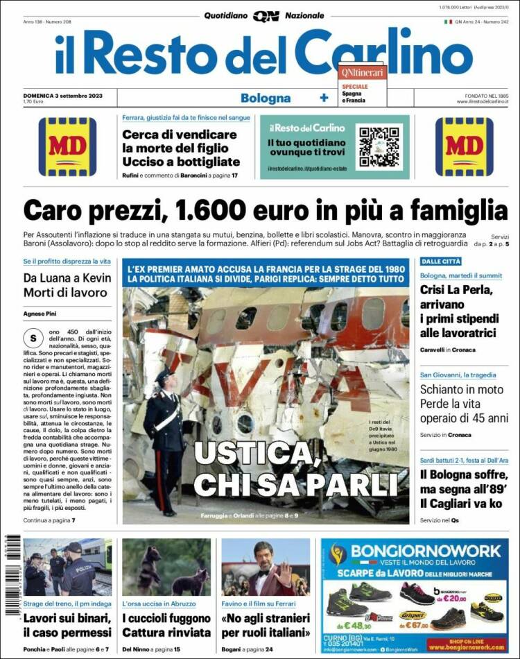 Portada de Il Resto del Carlino (Italia)