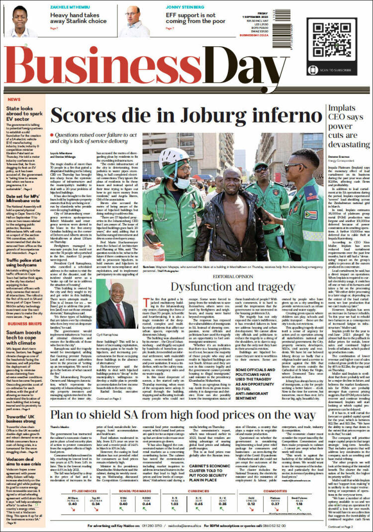 Portada de Business Day (Sud&aacute;frica)