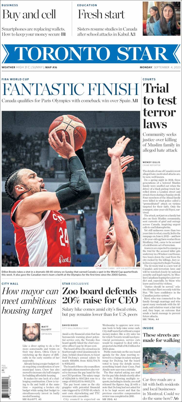 Portada de The Toronto Star (Canadá)