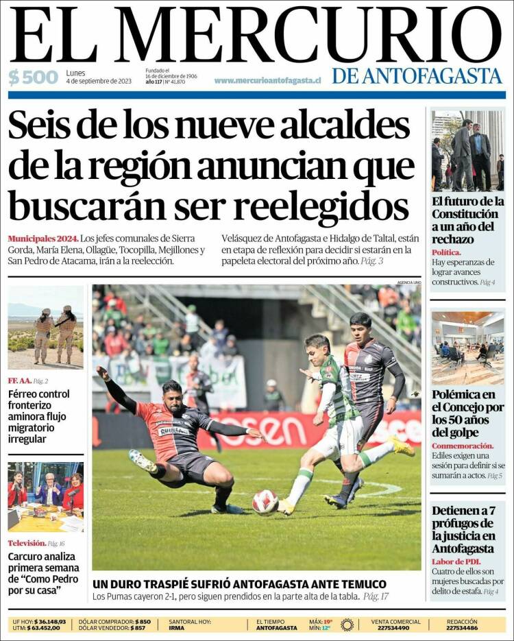 Portada de El Mercurio de Antofagasta (Chile)