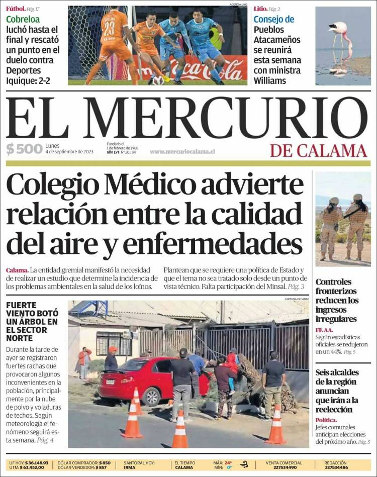 Portada de El Mercurio - Calama (Chile)