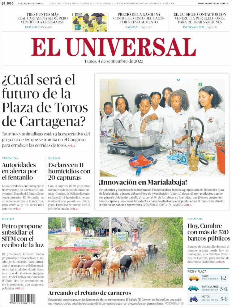 Portada de El Universal (Colombia)