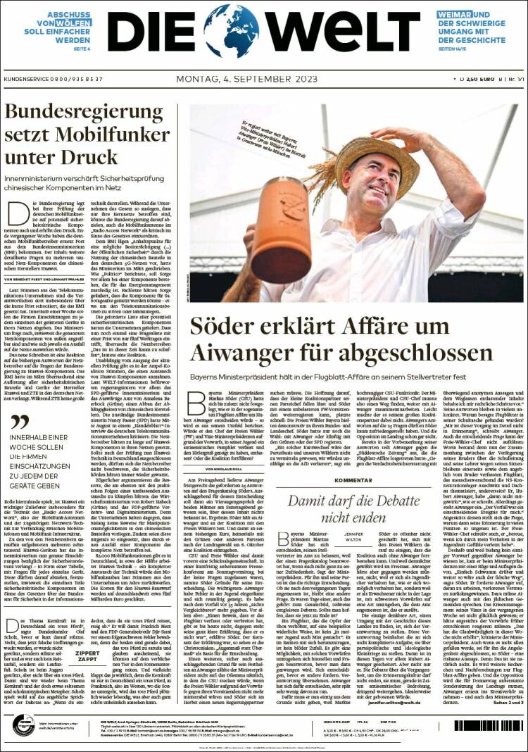 Portada de Die Welt (Alemania)