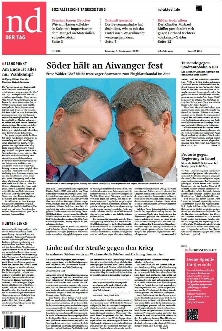 Portada de Neues Deutschland (Alemania)