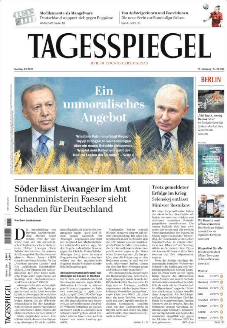 Portada de Der Tagesspiegel (Alemania)