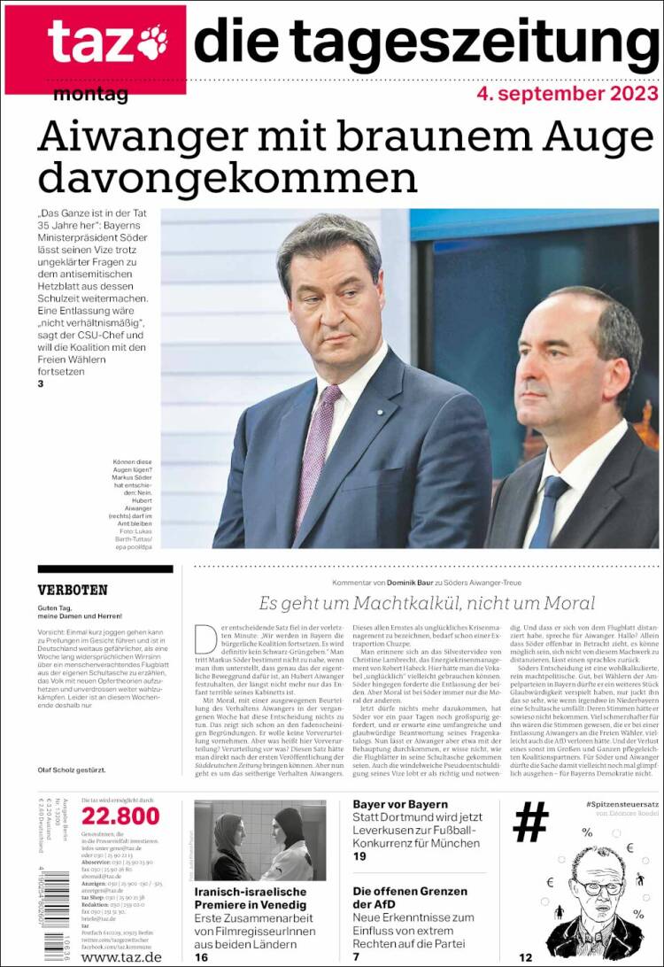 Portada de Die Tageszeitung (Alemania)