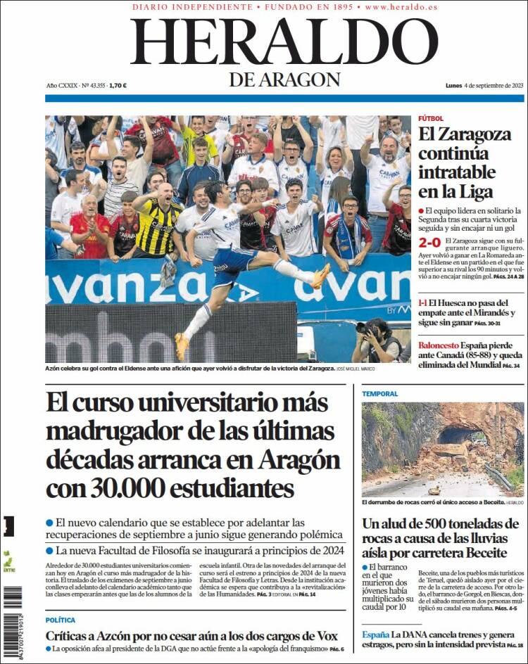 Portada de Heraldo de Aragón (España)