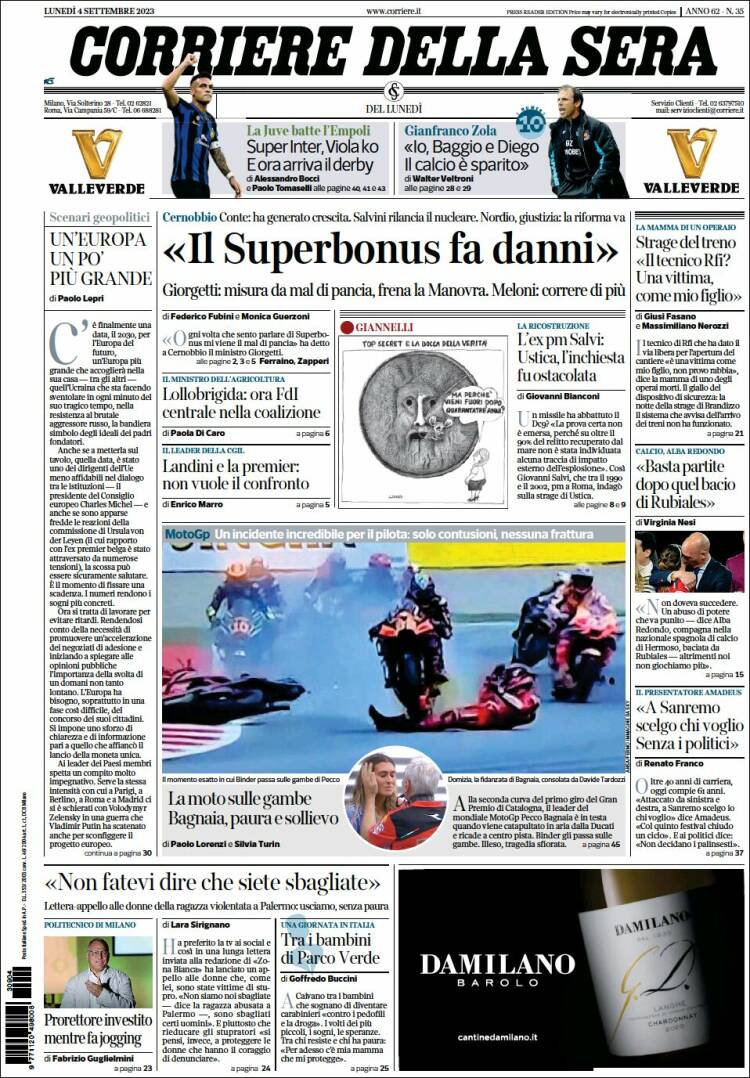 Portada de Corriere della Sera (Italia)