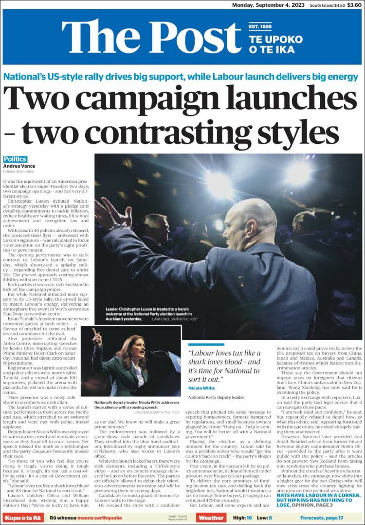 Portada de The Dominion Post (Nueva Zelanda)