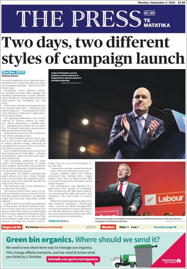 Portada de The Press (Nueva Zelanda)