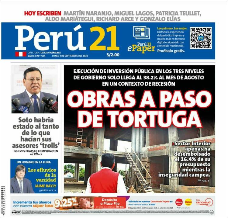 Portada de Perú 21 (Perú)