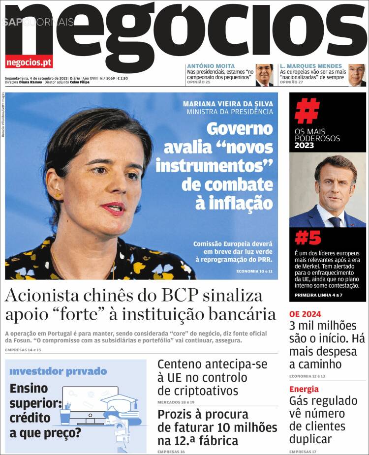 Portada de Jornal de Negócios (Portugal)