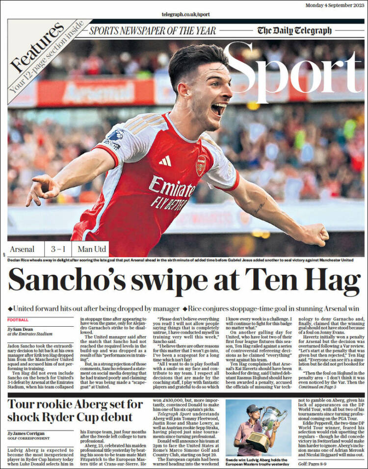 Portada de Telegraph Sport (Reino Unido)