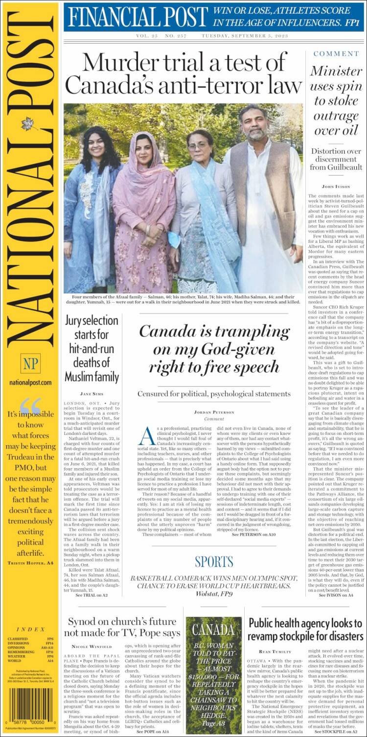 Portada de The National Post (Canadá)