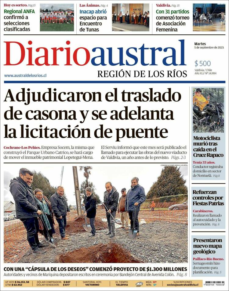 Portada de El Diario Austral de Valdivia (Chile)