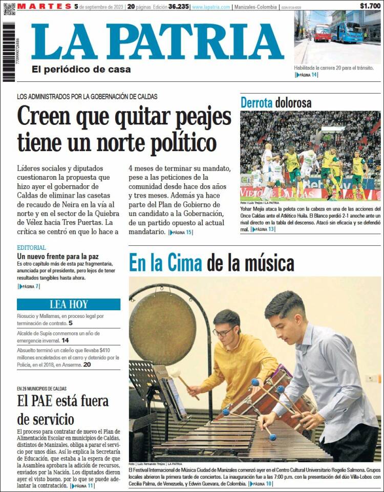 Portada de La Patria (Colombia)