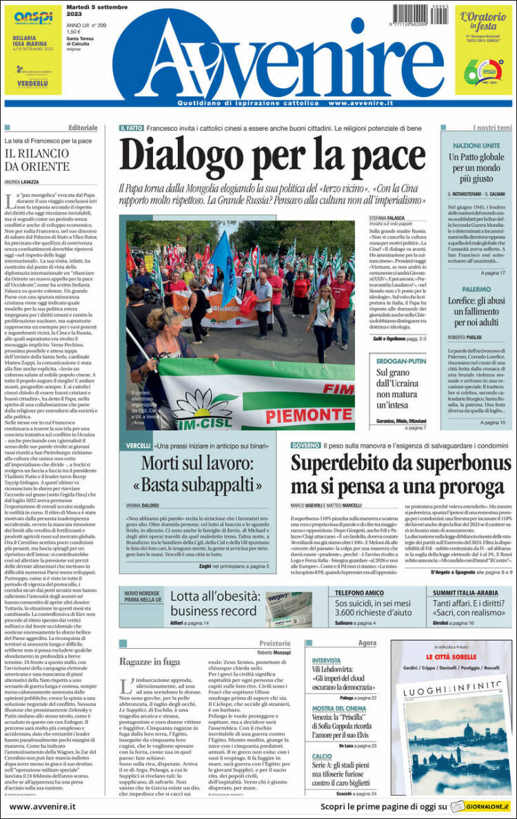 Portada de Avvenire (Italia)