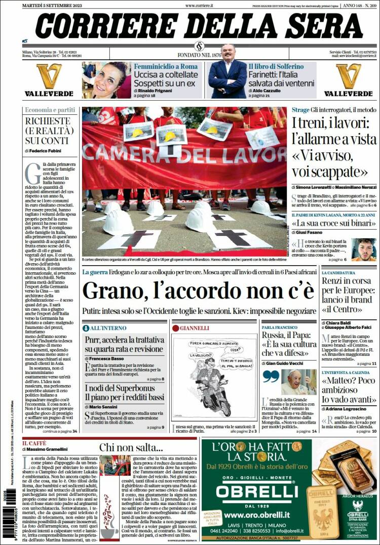 Portada de Corriere della Sera (Italia)
