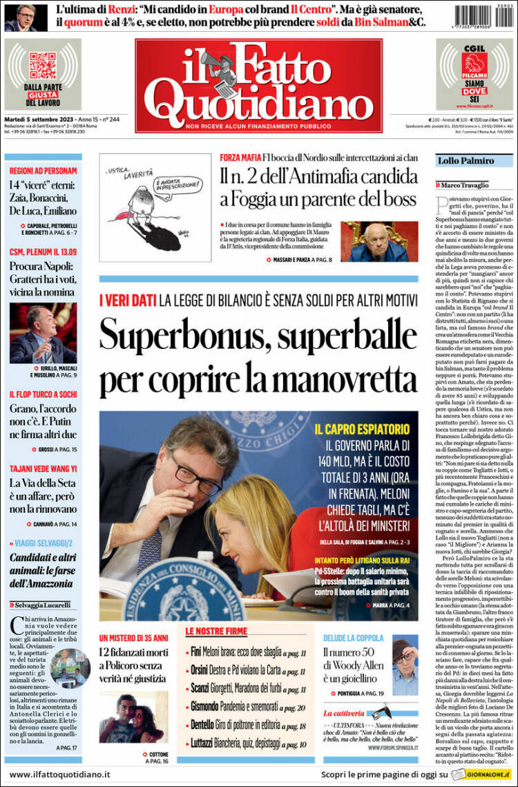 Portada de Il Fatto Quotidiano (Italia)