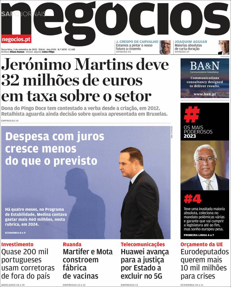 Portada de Jornal de Negócios (Portugal)