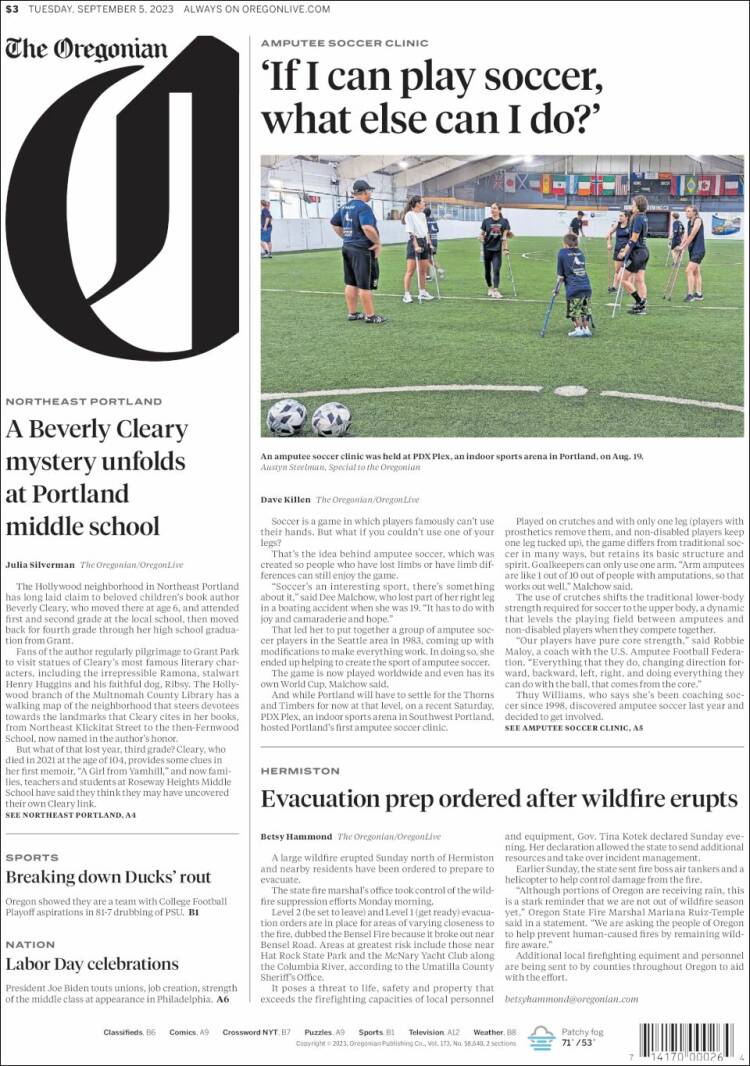 Portada de The Oregonian (USA)