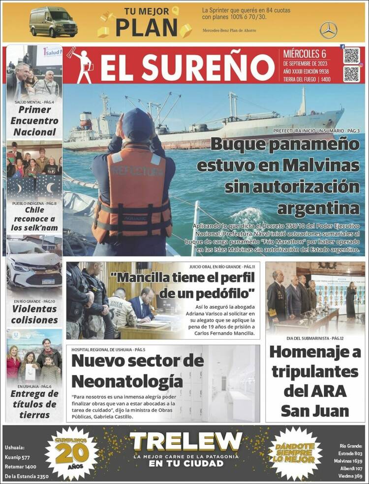 Portada de Diario El Sureño (Argentina)