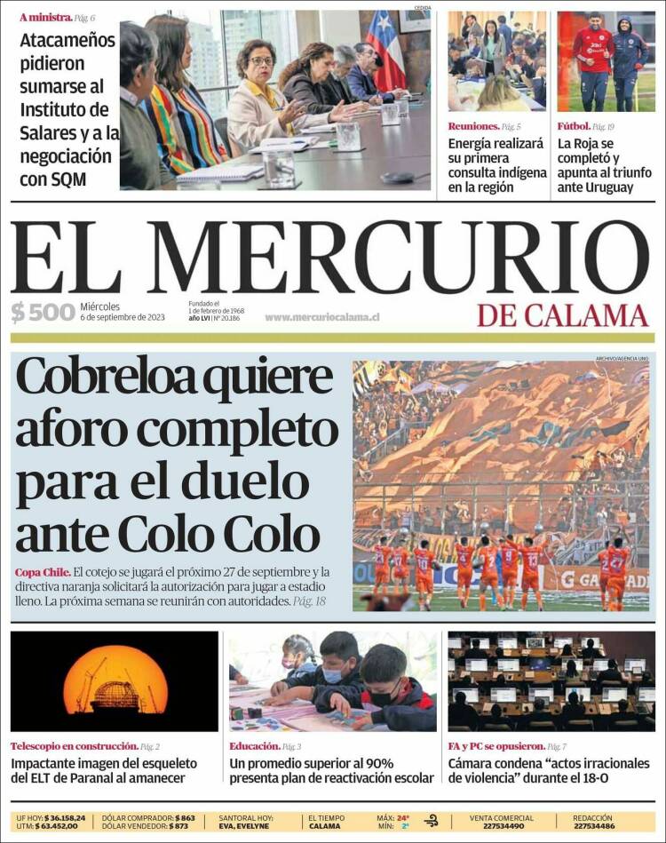 Portada de El Mercurio - Calama (Chile)